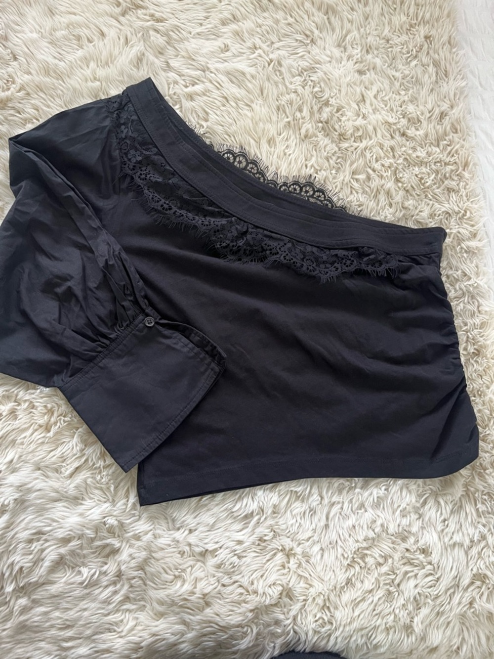 Anthropologie Black Lace Trim Off Shoulder Blouse Women’s Size M